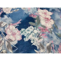 Niebieska elastyczna dzianina Jersey - białe i różowe kwiaty